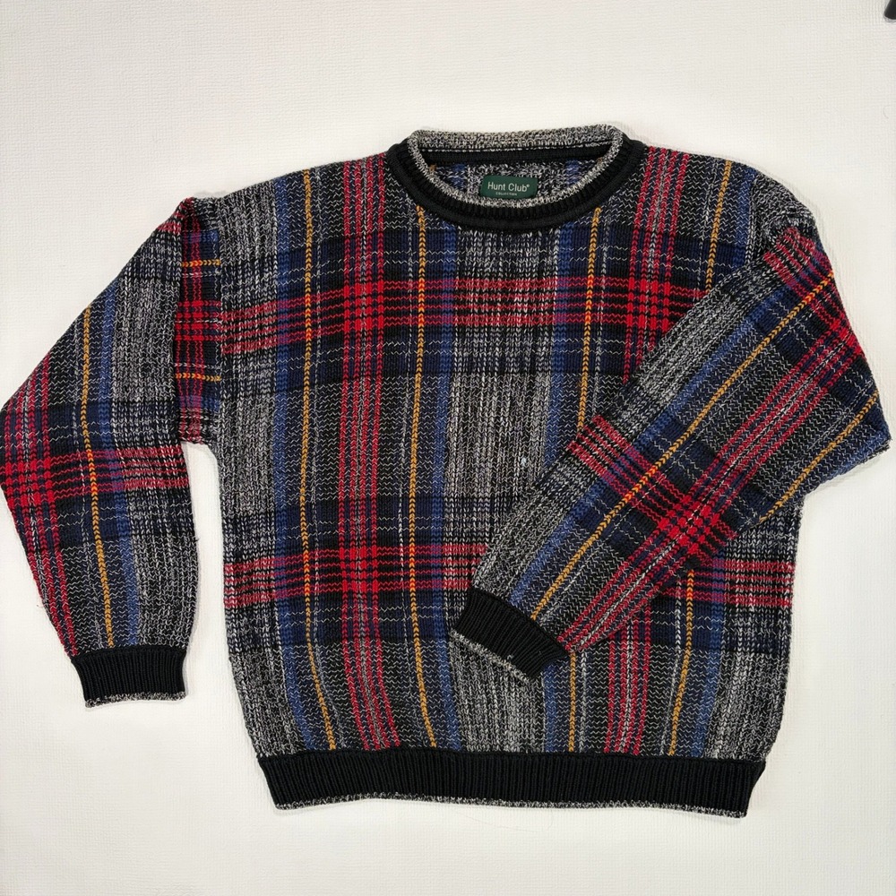 Hunt Club Collection Sweater Vintage Plaid Knit Medium Multicolor